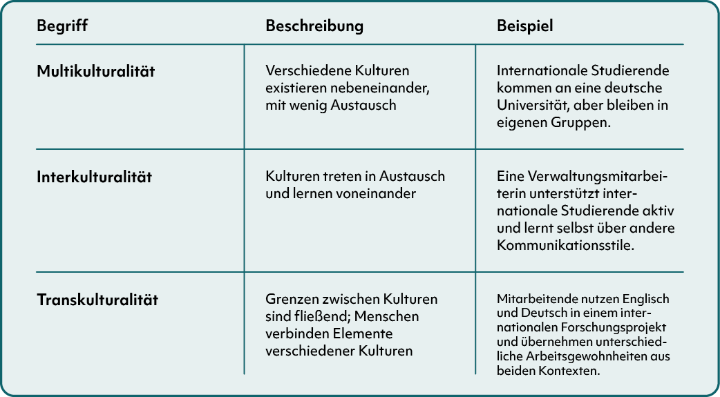 Die Definitionen inklusive Beispiele für Multi-, Inter- und Transkulturalität.