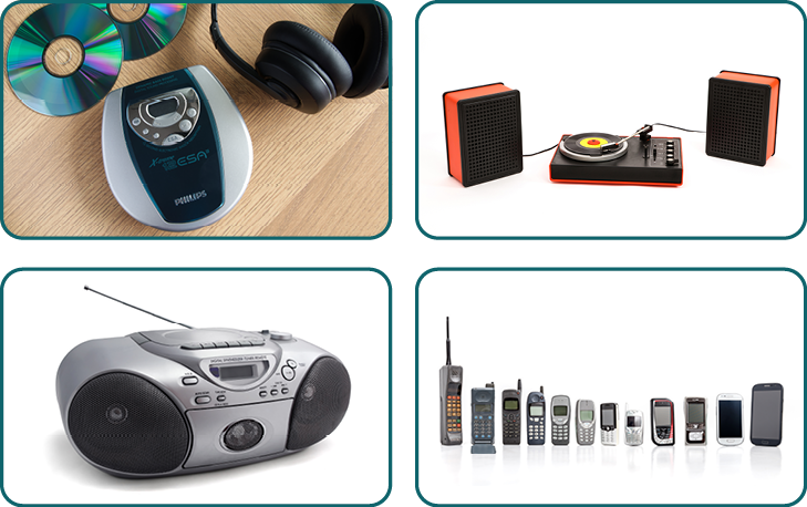 Abbildungen von Diskman, CD-Player, Schallplattenspieler, Nokia Handys