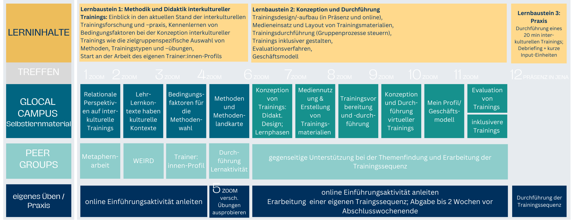 Die Lernebenen: 
Lerninhalte, Meetings, Glocal Campus, Peer Gruppe und Praxis