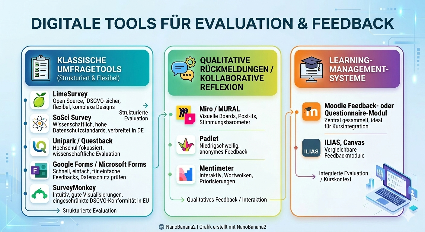 Grafik mit "Klassischen Umfragetools", "Tools für qualitative Rückmeldungen / kollab. Reflexion" +Learning-Managementsystemen